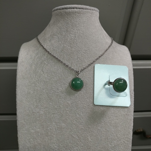 Aventurine Necklace & Ring Set Natural Gemstone Adjustable Stainless-Steel Ring - Picture 5 of 11